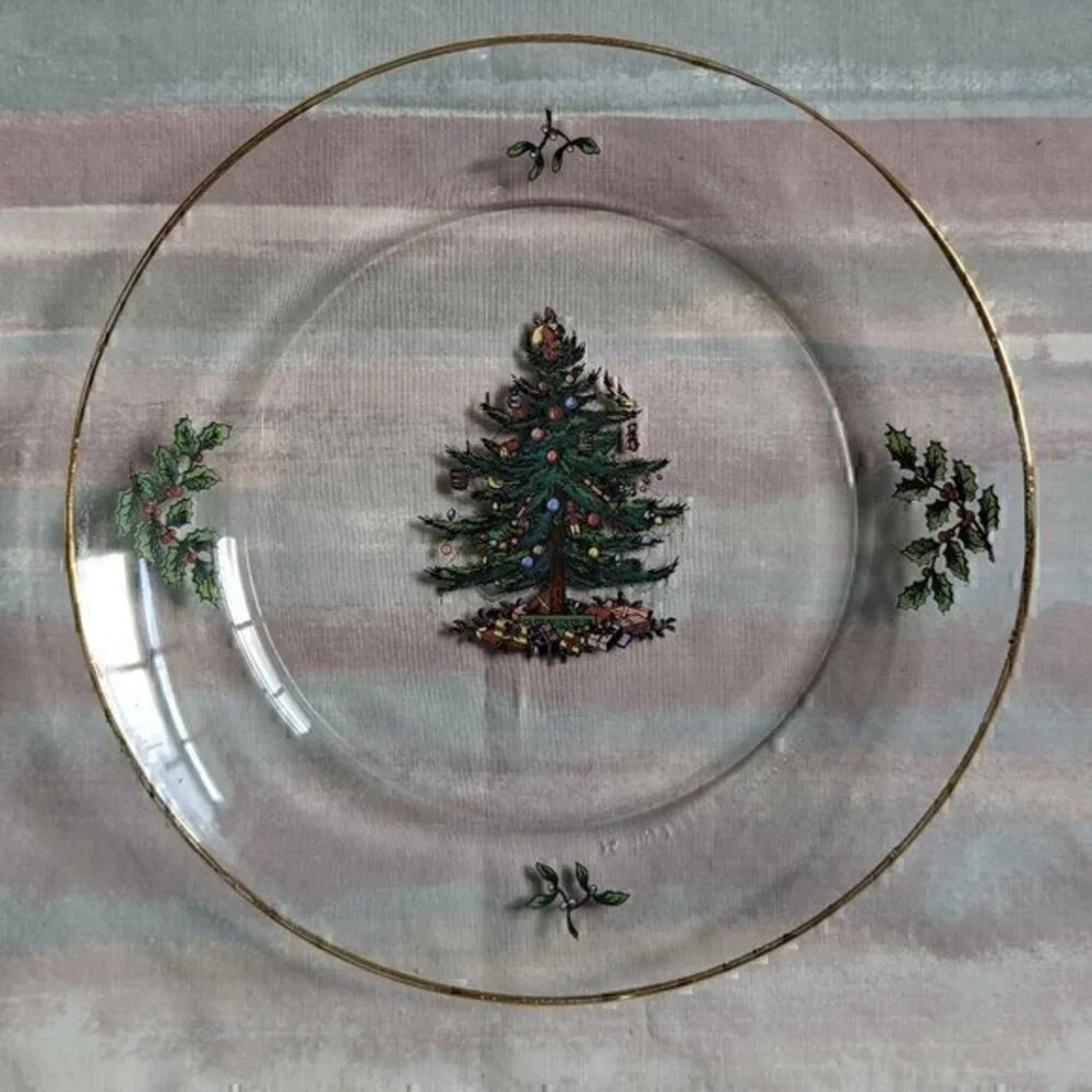 Vintage Arcoroc France Clear Glass Dish w Christmas Tree and Gold Trim